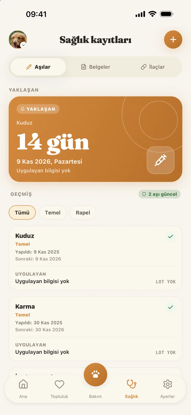 Patibu Sağlık ekranı: aşı takvimi