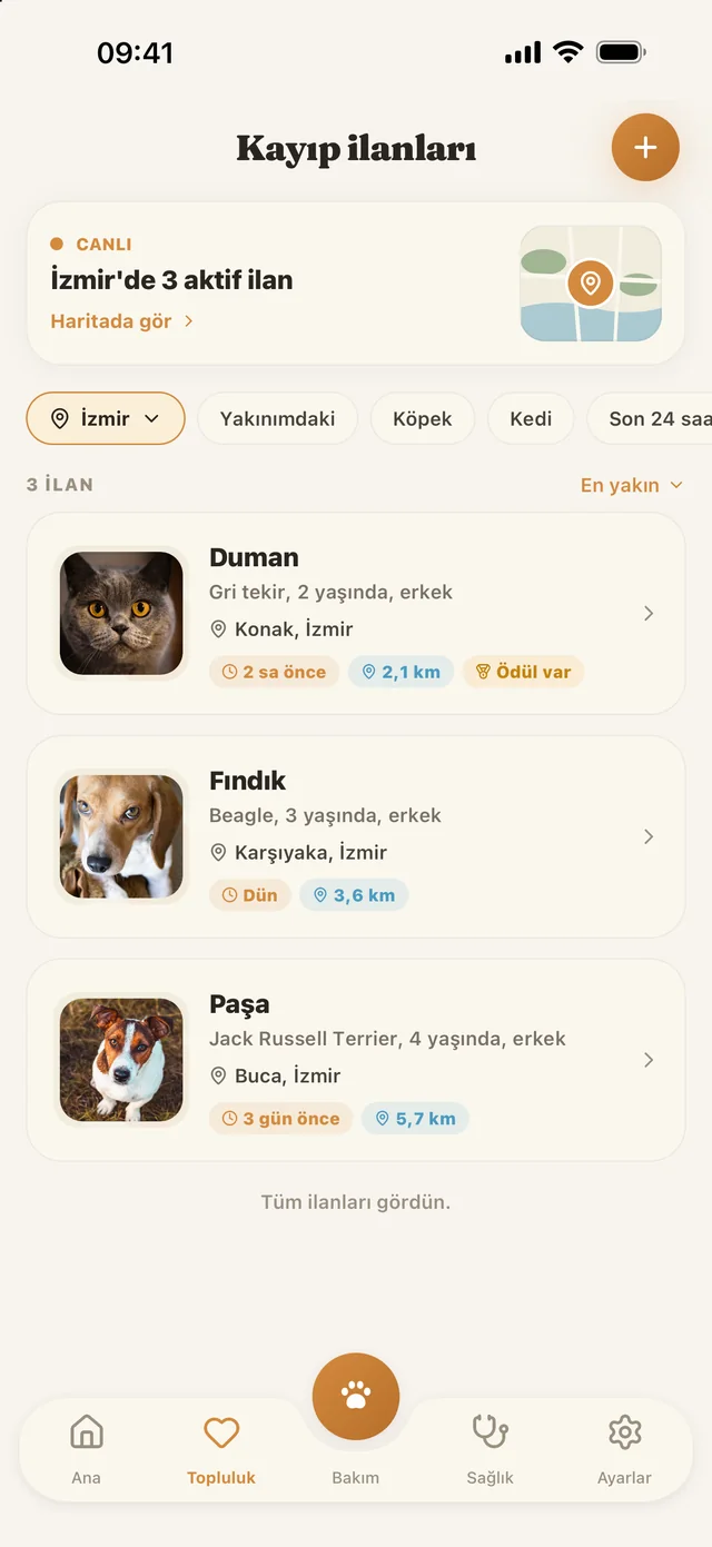 Patibu Topluluk ekranı: kayıp ilanları
